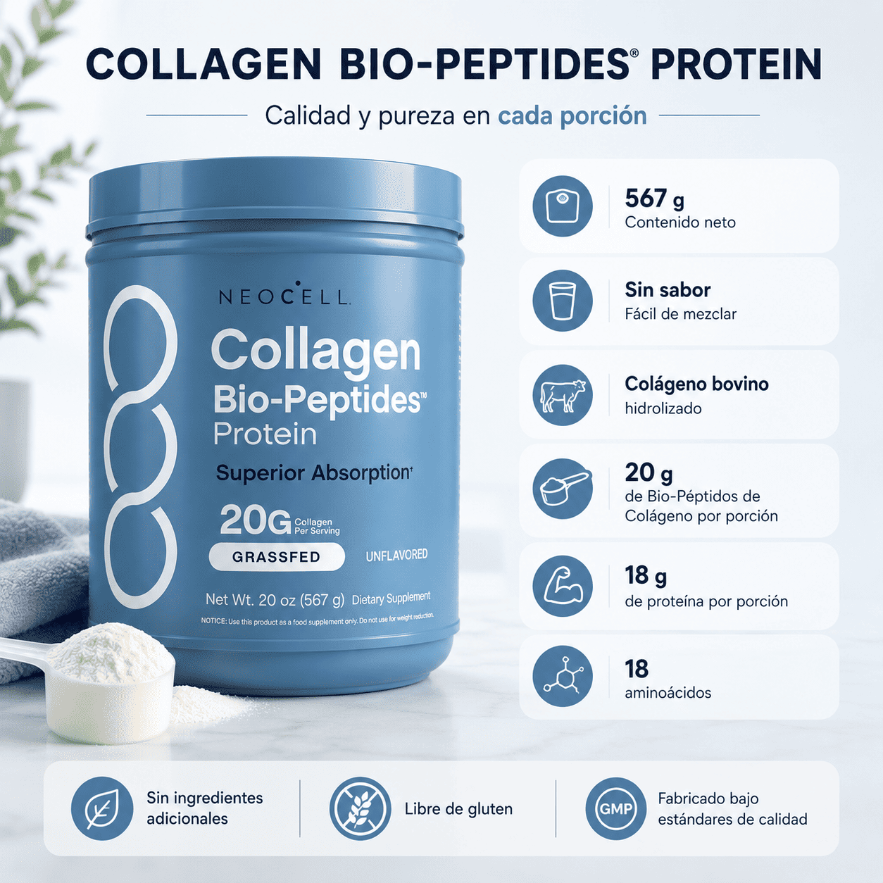 NeoCell Collagen Bio-Peptides™ | Piel más firme, cabello y uñas más fuertes, y mayor soporte articular